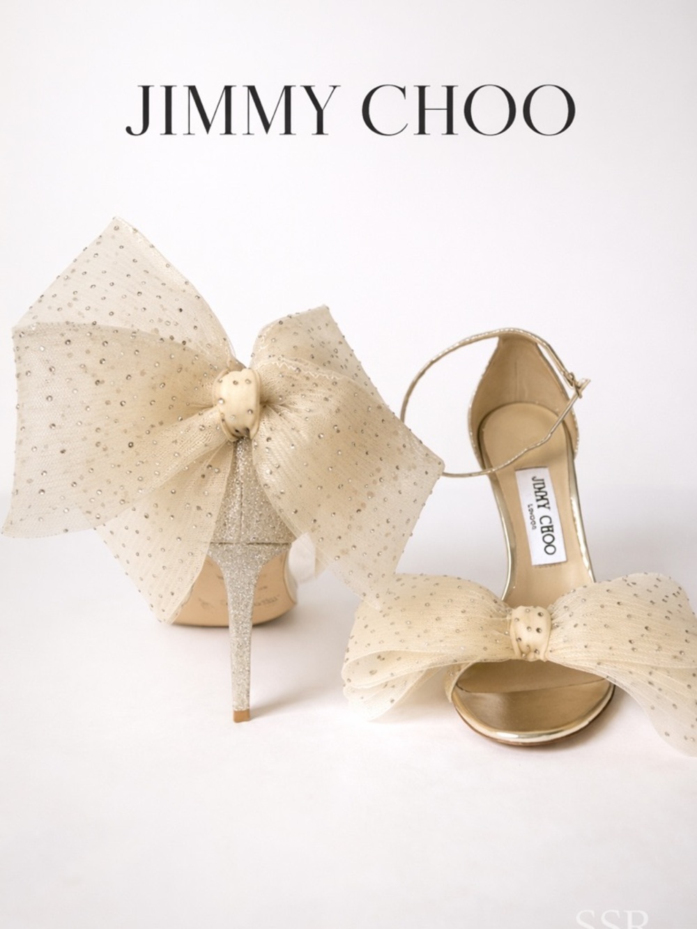JIMMY CHOO Womens Aveline 100 Sandals with Asymmetric Grosgrain Mesh Bow size 7M